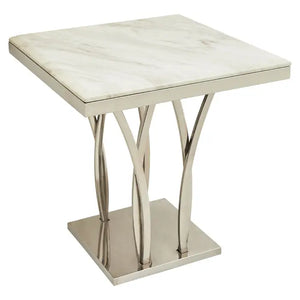 ARENZA BLACK MARBLE AND SILVER SIDE TABLE.