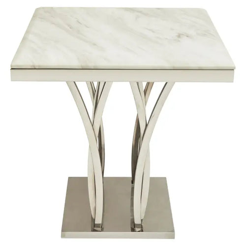 ARENZA BLACK MARBLE AND SILVER SIDE TABLE.