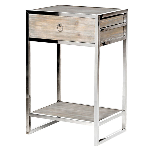 WOOD AND STAINLESS STEEL BEDSIDE TABLE