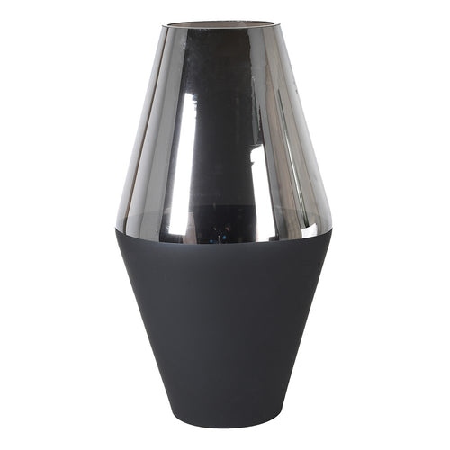 LARGE SILVER AND BLACK TAPERED GLASS VASE